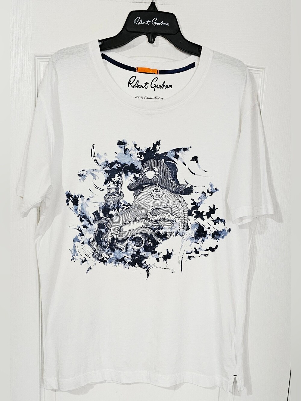 Robert Graham White T-Shirt with Navy Nautical Octopus Graphic